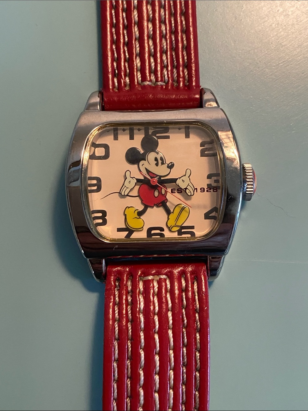 Vintage NWOT Disney Red Strap Mickey Mouse Wristwatch with Box.